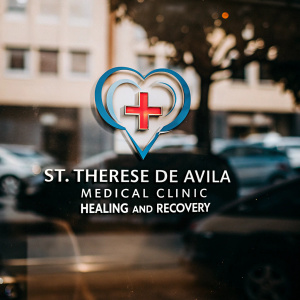 St. Therese De Avila Medical Clinic logo. Heart emblem, cross iconography, and figure design. Healing and recovery slogan beneath. Blue, red hues. Contemporary and professional aesthetic. Clean white backdrop.