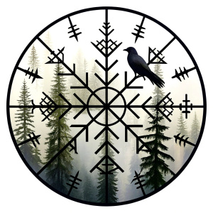 Yggdrasil vegvisir runes  geometric Symbols - raven and trees - perfect realistic art, high-definition, high-definition grey and black, white background 