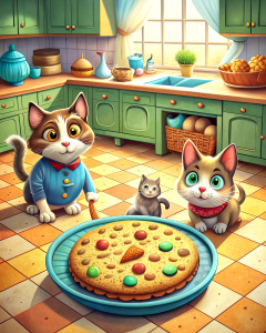 Playful detectives peer at a giant, empty cookie plate on a sunny kitchen counter. Crumbs, paw prints, and a mischievous cat peek clues a delectable mystery! Bold and colorful scene, beckoning young readers to join the case! illustration