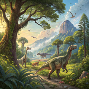 Cover art for Walking with Dinosaurs Blu-ray. Vibrant illustration of prehistoric landscape with dinosaurs