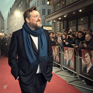 Guy Garvey, singer, at London premiere. Wearing a navy blue scarf and black suit. Marcus Garvey is not present. Crowd of paparazzi and fans in background.