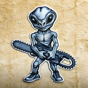 white outline sticker happy alien with chainsaw, black background