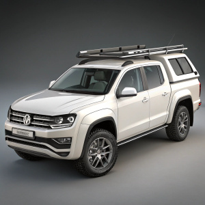 High-definition digital rendering of a white Volkswagen Amarok XXL pickup truck. Sleek design with a robust build. Distinctive Volkswagen emblem on the front grille. Sturdy body and a practical ladder on the roof. Standard-sized tires with modern alloy finish. Shown against a neutral gray background.