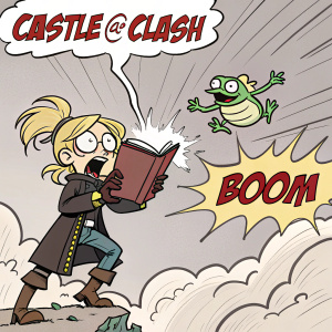 Panel from Castle@Clash series. Character with blonde hair holding spell book. Large cloud-like explosion with 'BOOM'. Frog-like creature below. Exaggerated expressions and dynamic poses.
