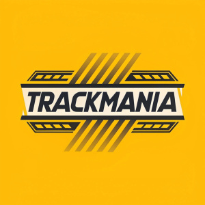 A digital logo for TrackMania featuring bold geometric shapes and lines. The design prominently features a horizontal element, set against a bright yellow background, with black sans-serif font.
