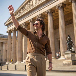 Aaron Taylor-Johnson, dressed in a casual brown shirt and trousers, stands outside the British Museum on a sunny day. He gives a friendly wave, showcasing the intricate columns and sculptures in the background.