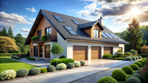 Modern eco friendly passive house with solar panels on the gable roof, driveway and landscaped yard