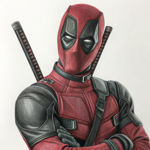 Pencil drawing of Deadpool, a popular comic book hero, with intricate facial details and weapon. Dynamic pose, plain white background.