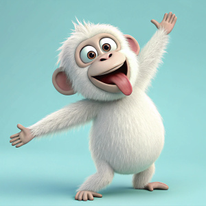A vibrant, animated image of a white monkey. Round belly, arms outstretched, tongue sticking out, wide-eyed and playful.
