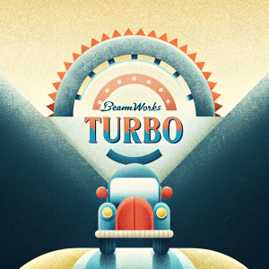 Whimsical vehicle in the center of DreamWorks' Turbo logo. Bright colors, dark blue background.