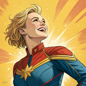 Image of a female superhero resembling Captain Marvel. White skin, blonde short hair. Confident and joyful pose. Costume blue and red, vibrant colors. Yellow background, also vibrant. Comic book style illustration.