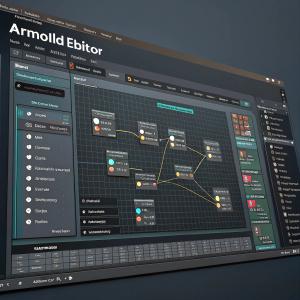 Detailed view of the Arnold Network Editor in 3D modeling software. Dark interface with menu bar, toolbar, grid, nodes, and lines representing 3D model elements.