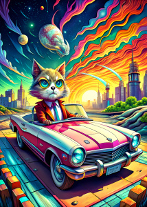   ultra detailed  convertible vintage car in San Francisco . , driving a cartoon character angry cat ,background, style pop art, , style watecolor, black background,ready for print t-shirt, style art fabric, without horse, full body
