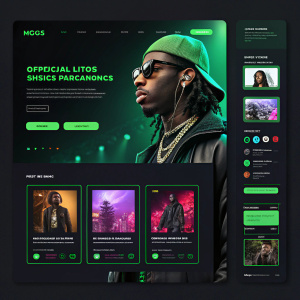 Concept art for Migos official website. Dark background with neon green accents. Modern grid layout showcasing albums, singles, music videos and live performances.