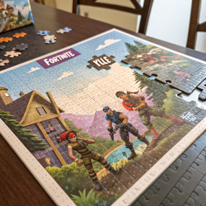 Jigsaw puzzle featuring Fortnite characters with scattered pieces labeled 'Fortnite Kyle'.