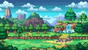 crea un fondo de naturaleza como los juegos de pokemon en pixel art de con mejor resolución 