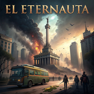 Promotional poster for 'El Eternauta'. Depicts a bustling cityscape under siege. Monumental structure, burning buildings, and a stranded bus. Dark and suspenseful atmosphere, action-packed scenes