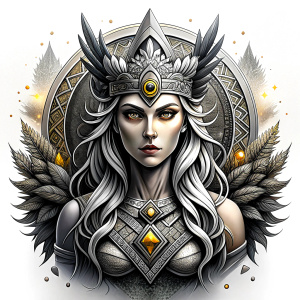 Nordic Godness Snotra - perfect realistic art, high-definition grey and black, white background tattoo design