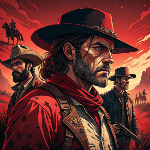 Promotional art for Red Dead Redemption II. Features main characters in a highly stylized, almost comic book-like design with exaggerated facial expressions and deep red, black color scheme.