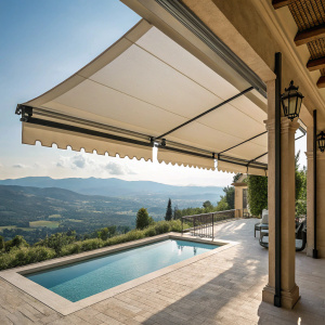 Custom outdoor awnings by Bella Vita. Sun protection and privacy for various home styles. Poolside with valley view backdrop.