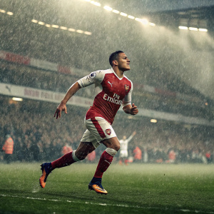 Alexis Sanchez, running on a rainy football pitch. Wearing Arsenal jersey with Emirates logo. Dramatic background of cheering fans.