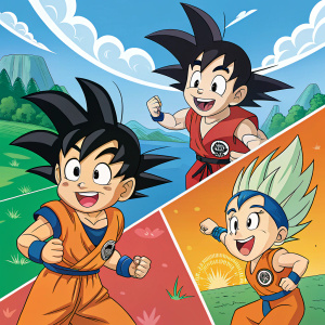 A colorful poster featuring Dragon Ball AF Mirai no Ato characters. The characters are depicted in various lively poses with large expressive eyes. The background showcases a vibrant digital landscape. The poster is divided into sections highlighting the faces and actions of each character, emphasizing their emotions and movements.