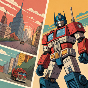Comic book page featuring Optimus Prime in dynamic poses. Various angles and perspectives. Character surrounded by vibrant colors and detailed backgrounds. Traditional comic book layout.