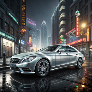 Silver Mercedes-Benz CLS Grand Edition in sleek profile. Shot against neon-lit cityscape at night.