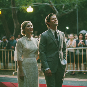 Sarah Gadon and James Norton at the film premiere. Sarah in a white lace dress, James in a gray suit with tie. Red carpet, crowd behind barriers