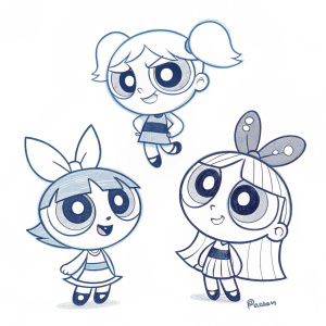 Sketches of Blossom, Bubbles, and Buttercup from Powerpuff Girls. Simple, line-art style. Various facial expressions and poses. Used for animation planning.
