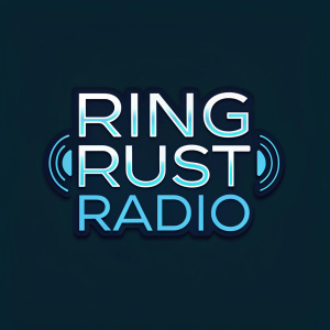 Modern logo design for Ring Rust Radio. Sleek, metallic text in cool blue hues. Centered, linear, minimalist style. Ideal for digital platforms and promotional materials.