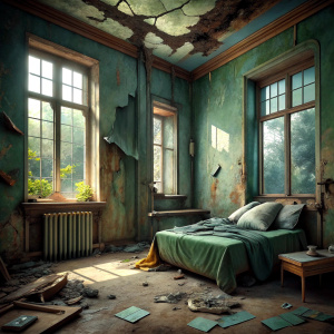 A room that is part of a detached house with high ceilings, broken and dilapidated windows, where abandoned homeless people live, and where you can see the garden from the window. A bed on the floor, a blanket on it. Everywhere is messy and dirty. The gray-green wall plaster has fallen off, the brown wallpaper has peeled off on the wall on the right. There is a large old crystal chandelier on the ceiling. In the middle of the room is an old tattered regency style orange armchair. An old and brok