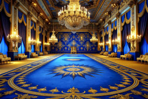 beautiful big blue and gold carpet, golden decorations,luxury