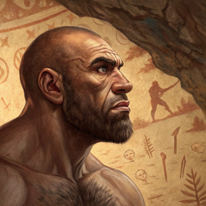Illustration of a muscular Neanderthal male with prominent brow ridge, bald head, and strong jawline. Staring intensely. Background features ancient cave drawings and handprints in warm earth tones. Textured to look aged.