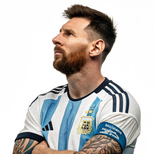 Lionel Messi, Argentine star, posing for a profile shot. Full beard, strong jawline, tattoos on arms. Wearing Argentina national team jersey with blue and white stripes.