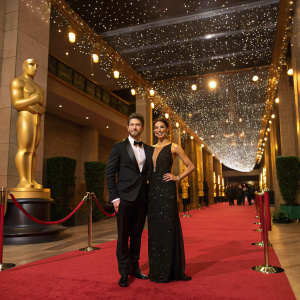 Matthew Morrison and Renee Puente at a glamorous award ceremony. The venue is decorated with gold statues and sparkling lights.