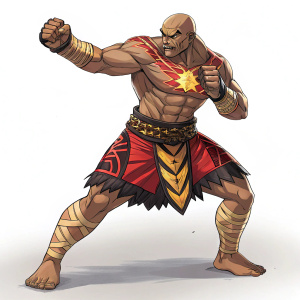 Illustration of Sagat, from Street Fighter V Champion Edition. Fierce and muscular. Wearing a red and black loincloth, adorned with tribal patterns and golden ornaments. Fighting stance, glowing scar across chest