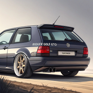 Modified Volkswagen Golf rear view. Dark paint, sporty design, 'RIGGER GOLF GTO' and Volkswagen logo visible, with sleek taillights and bumper.