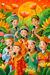 A group of beautiful women are singing with wireless microphones in their hands. She is 18 years old. She wears traditional Zhuang pattern clothing and a Zhuang pattern headscarf, such as a headscarf folded into a triangle or a quadrangular shape. She has the characteristics of Guangxi, China. The patterns include phoenix pattern, lotus, rhombus, banana tree, water, clouds, flowers, etc., white cheeks, beautiful face, delicate eyes, black eyeballs, white teeth, bright colors, festive atmosphere,