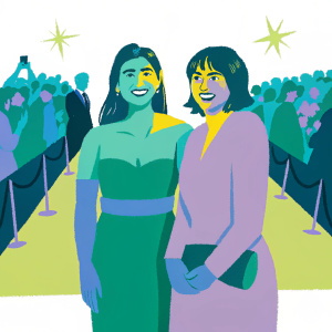 Diane Guerrero and Jackie Cruz at the Season 5 premiere of 'Orange is the New Black'. Red carpet event, vibrant crowd.