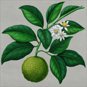 Realistic botanical illustration in color of Bergamot, showing the greenish-yellow fruit, white flowers, and bright green leaves on white background