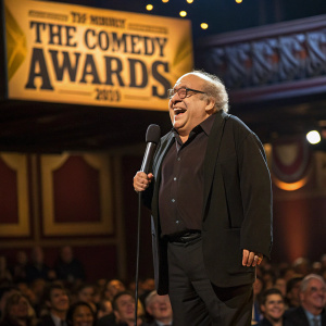 Danny DeVito making a comical face at a comedy award show.