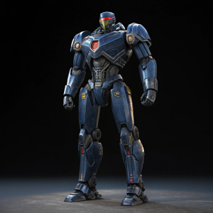 Digital illustration showcasing Gipsy Danger, the formidable Jaeger from Pacific Rim. The robot stands majestic, its metallic body detailed in dark blue hues. Set against a minimalist black backdrop, the artwork emphasizes intricate mechanical details and sleek, futuristic design. Rendered in 3D, the illustration highlights sharp contours and realistic textures.