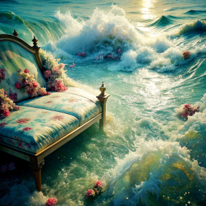 close up vintage bed flowers print furniture wave sea submerged half filled with wave sea   
 ultra silvery glitter            
  The Bioluminescent   phenomenon Intensive Iridescent Acrylic Amazing  light reflections 
