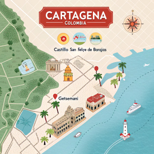 Interactive map highlighting key landmarks and attractions in Cartagena, Colombia.