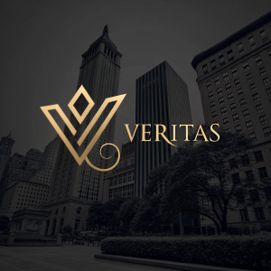 Logo design for Veritas, metallic gold on black background. Minimalistic abstract symbol alongside modern font
