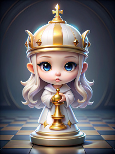 la reina de ajedrez blanco, estilo chibi, una corona, boca pintada, cabello largo