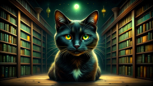 add a black cat to the background ln the library