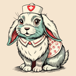Vintage Old, Dibujo, Cute Holland Lop Bunny Nurse, Doodle. White Background