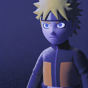 A 3D rendered image of Naruto. Anime style. Focused expression. Spiky blonde hair. Wearing orange and black outfit. Dark, minimalist background.